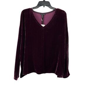 Eileen Fisher Plum Velvet Blouse Womens XL New V Neck Long Sleeve Silk Blend